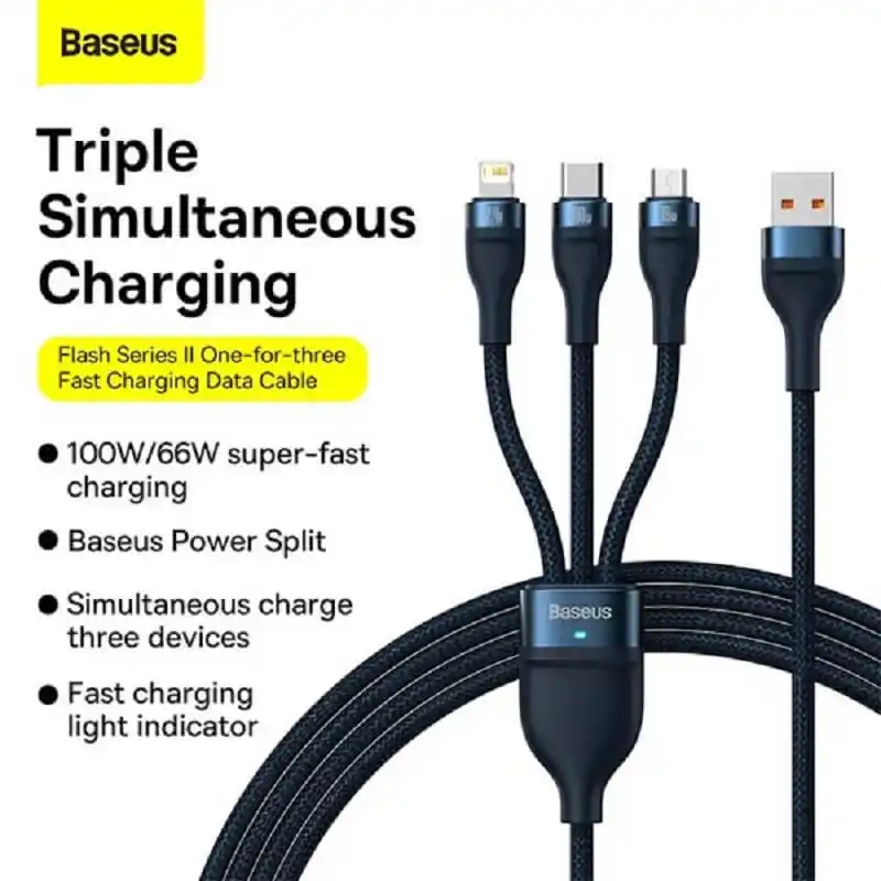 Baseus Cable Flash Series Ⅱ One-for-three Fast Charging Data Three in One Cable USB to M+L+C 100W 1.2m